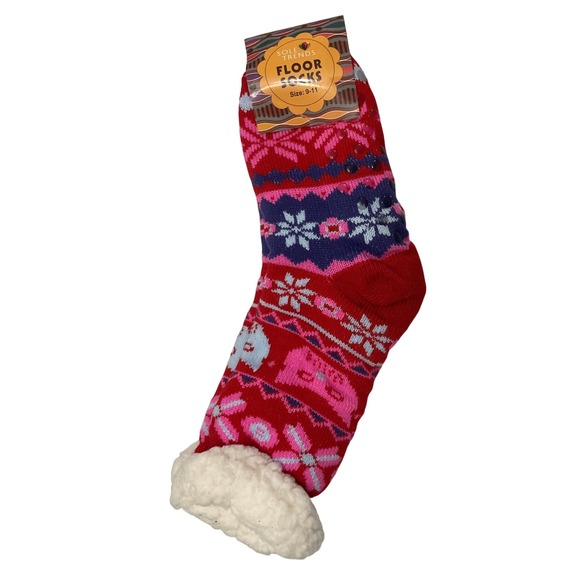 Sole Trends Accessories - Sole Trends Red Fair Isle Sherpa Lined Floor Socks Non-Slip Slipper Socks 9-11